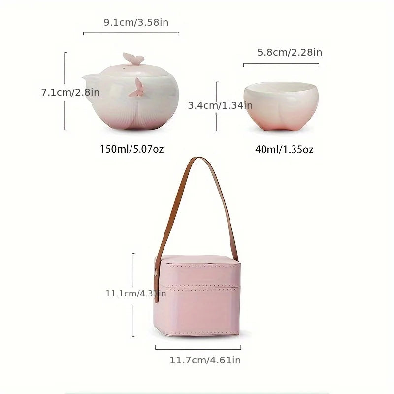 Butterfly-shaped tea set with storage bag, portable camping ceramic teapot suitable for outdoor, travel, and home use
