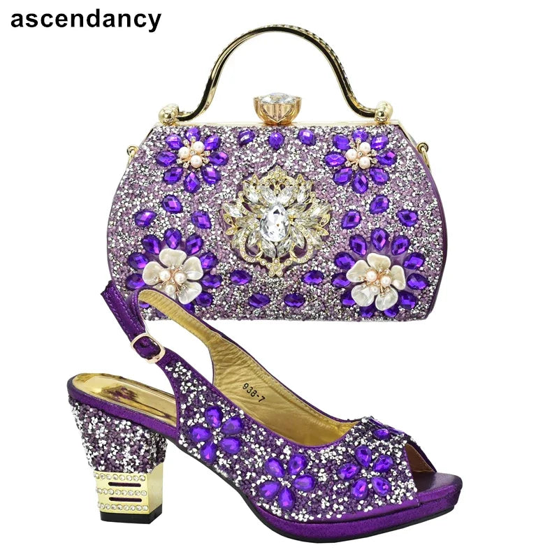 Purple Rhinestone Wedding Shoes and Bag Set