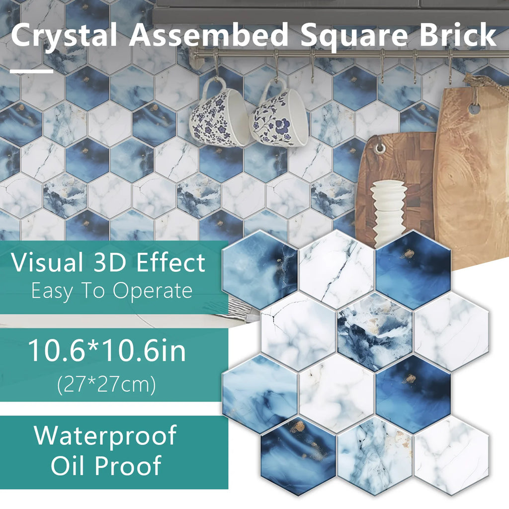 5 Styles Flat Hexagon Marble Embossing Tile Wall Stickers Oil-Proof Kitchen & Bathroom Washbasin Glossy Surface Decorative Mural