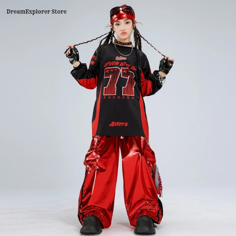 Boys Hip Hop Sweatshirt Shiny Vest Street Dance Cargo Pants Girls K-pop Clothes Set Kids Jazz Red Costumes Children Streetwear
