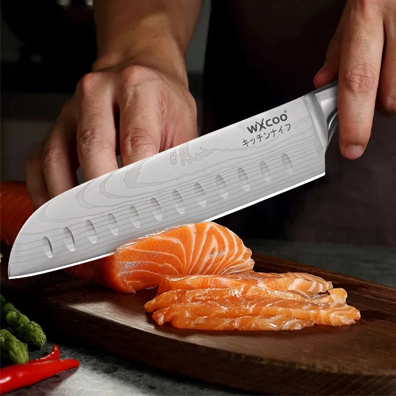 WXCOO Japanese Knife Set with Knife Bag Kitchen Knives Damascus Laser Fish Fillet Meat Cleaver Fruit Peeler Santoku Cutter