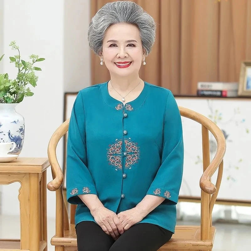 Elderly People Shirts New Spring Summer Three Quarter Sleeve Grandma Blouse Middle Age Women Cardigan Shirt Embroidery Blusa 5XL