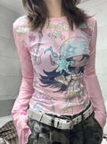 Summer Sun Protection Slash Neck Gauze Tshirts Women Y2k Aesthetic Cartoon Print Grunge Mesh Tops Harajuku Vintage Fairy Tees
