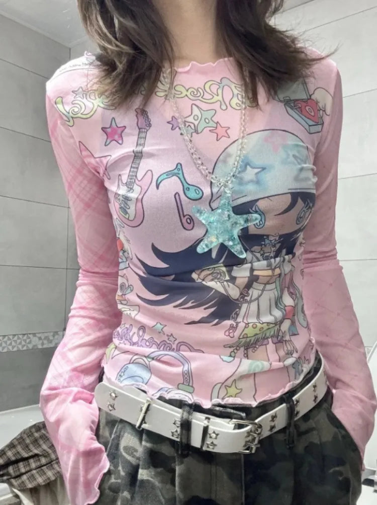 Summer Sun Protection Slash Neck Gauze Tshirts Women Y2k Aesthetic Cartoon Print Grunge Mesh Tops Harajuku Vintage Fairy Tees