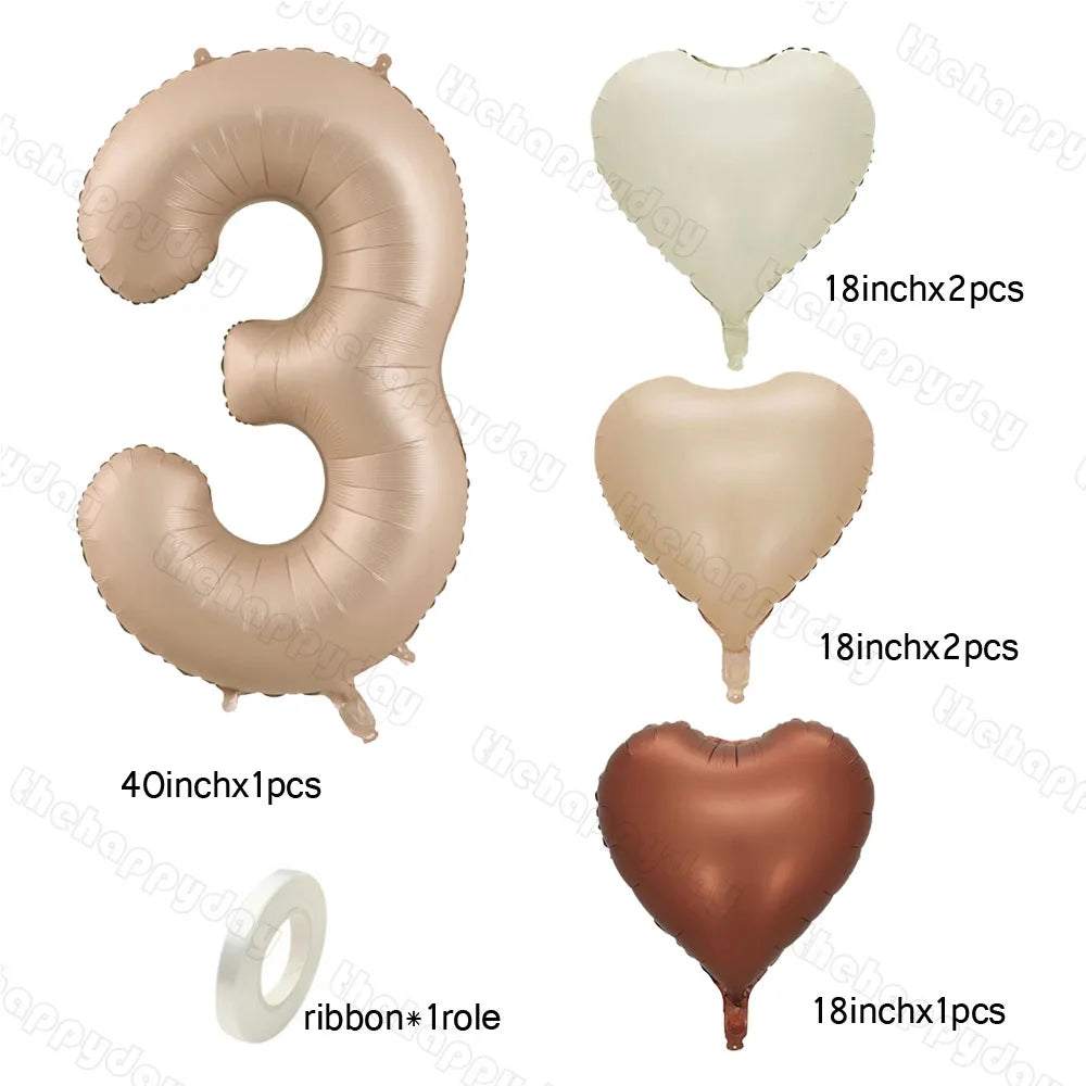 10/5/1Pc Brown Beige Cream 18inch Heart Balloons Cream Number Balloons 1 2 3 4 5 6 Birthday Number Foil Balloon Helium Air Globo