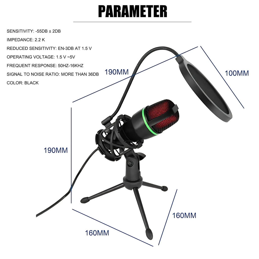 Professional Condenser Microphone Kit with Tripod Stand RGB Lighting