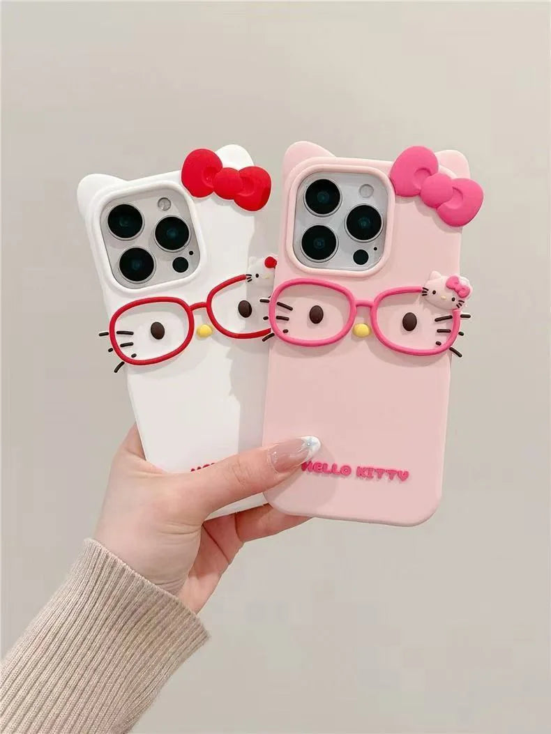 Hello Kitty 3D Cat-Eye Glasses Silicone Phone Case for iPhone 17 Pro Max 16 15 Plus 14 13 Mini 12 11 4 4S 5 5S 7 8 SE Shockproof