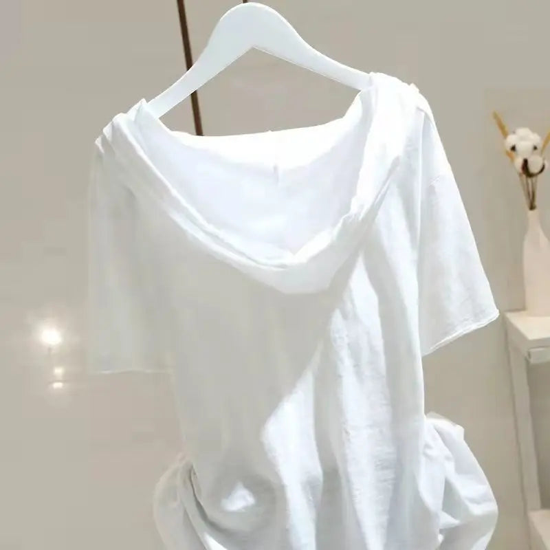 98% Cotton T Shirt Women Fashion Hooded Short-sleeved T-shirt 2025 Spring Summer Korean Style Loose Thin All-match Pullover Tops
