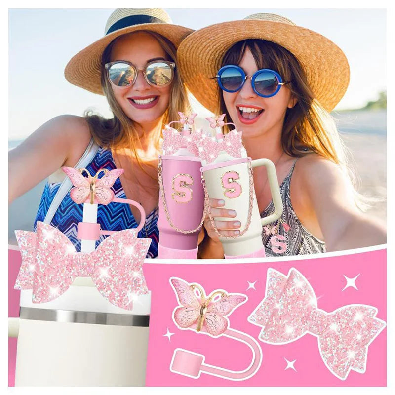9PCS Set Bling Pink For Stanley Cup Cute Bow Letter Decoration 30oz 40oz Cup Spill Proof Stopper Keychain Handle Cup Accessoriy