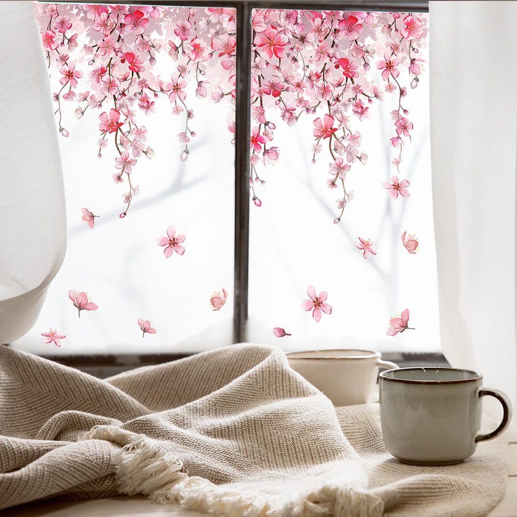 NEW 1 Set Pink Flower Static Window Stickers Diy Wallpaper Wall Sticker Decals Festival Home Decor Crafts Window Cling Sticker