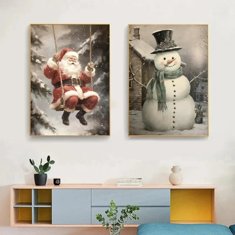 Vintage Holiday Christmas Santa Claus Winter Gingerbread Сottage Wall Art Posters Prints Canvas Painting for Room Home Decor