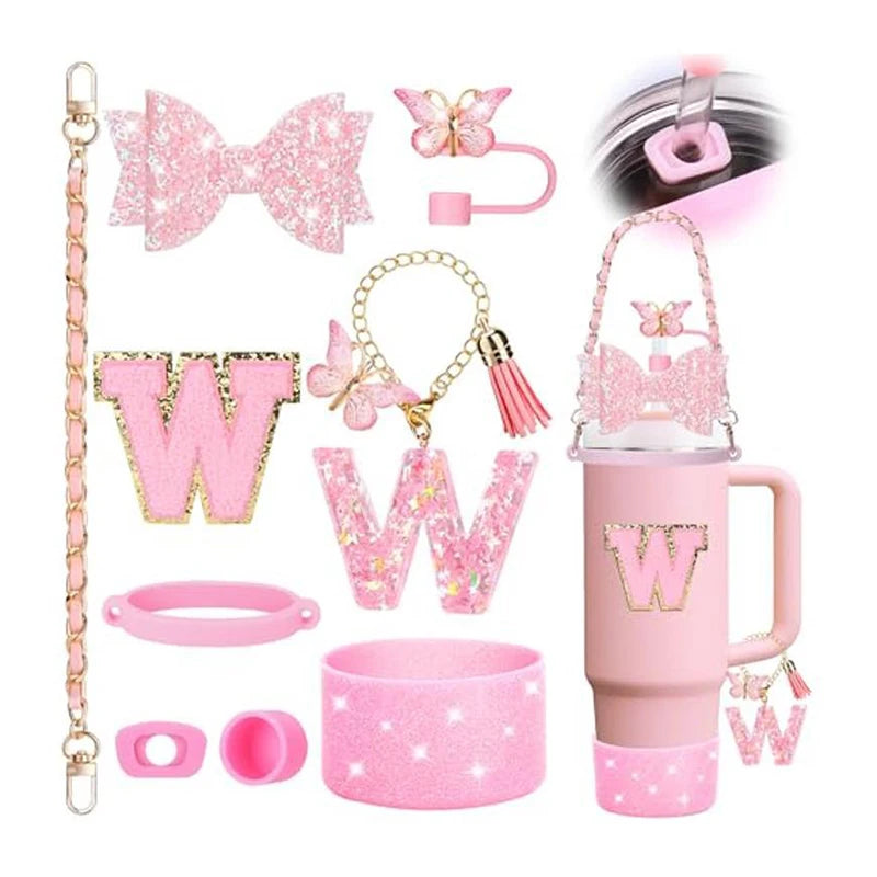 9PCS Set Bling Pink For Stanley Cup Cute Bow Letter Decoration 30oz 40oz Cup Spill Proof Stopper Keychain Handle Cup Accessoriy