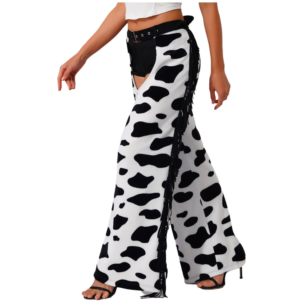 Womens Cow Spot Pattern Flannel Long Pants Adjustable Waist