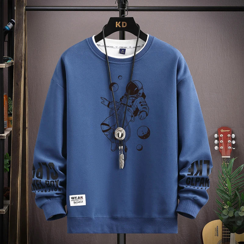 Autumn Men's Sweatshirt Cool Moon Print Long Sleeve T-shirt Fashion Men's Clothing Grey O Neck Harajuku Exclusive Design Top New