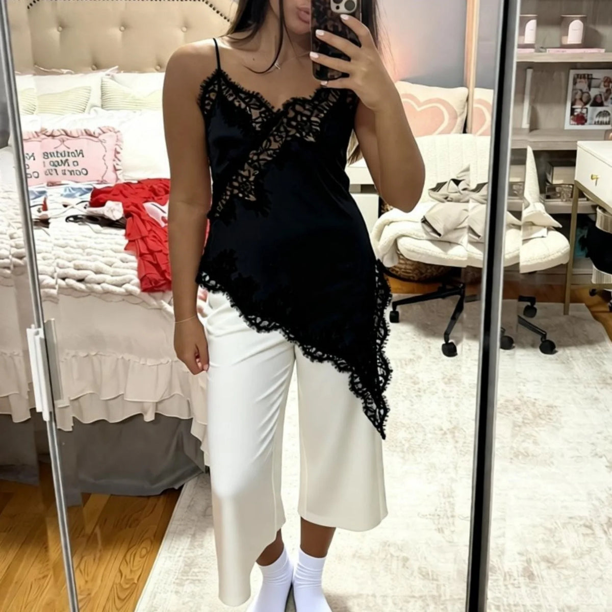 Xingqing Y2K Long Camisole Tops Women Stylish Solid Color Lace