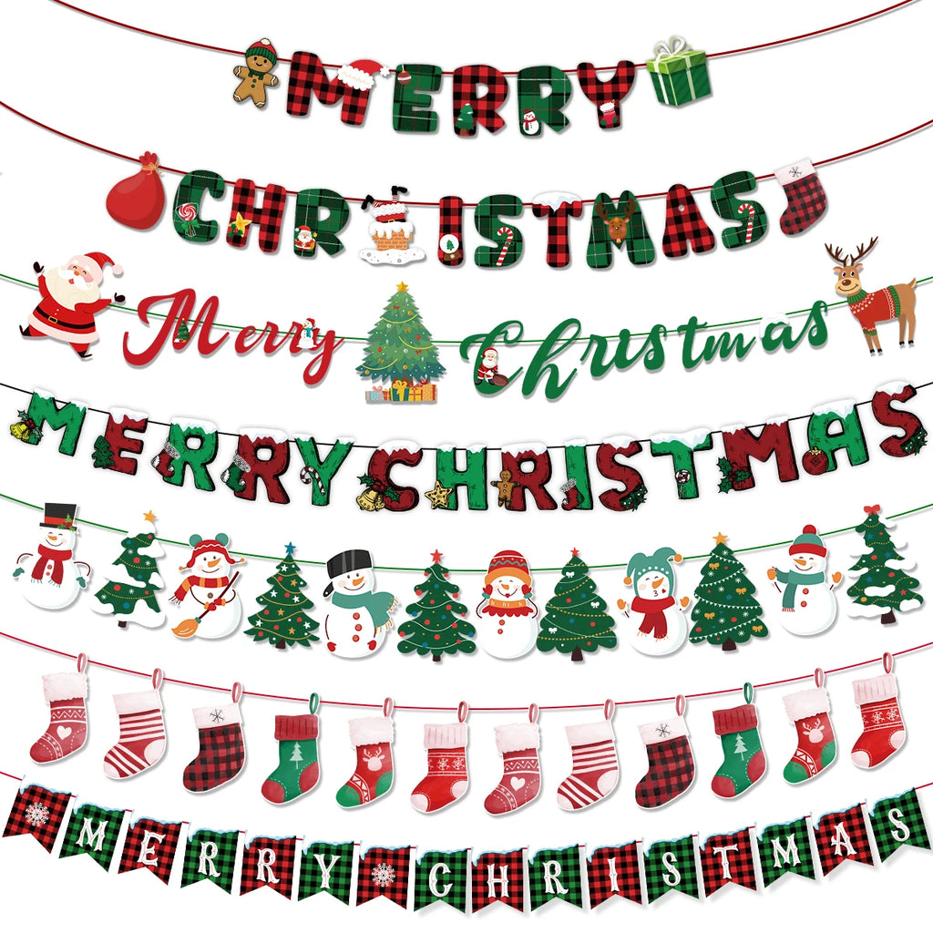 1Pcs Merry Christmas Hanging Garland Banner Paper Santa Snowman Christmas Stocking Christmas New Year Home Party Decoration
