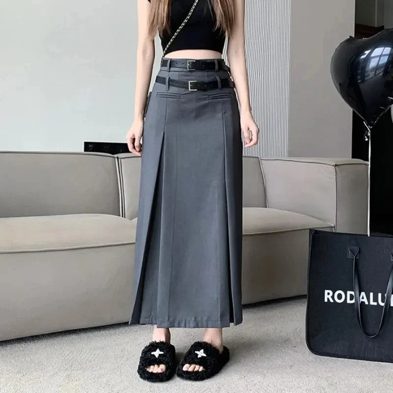 Women Double Belt Suit Skirts Korean Fashion High Waist Midi Skirt