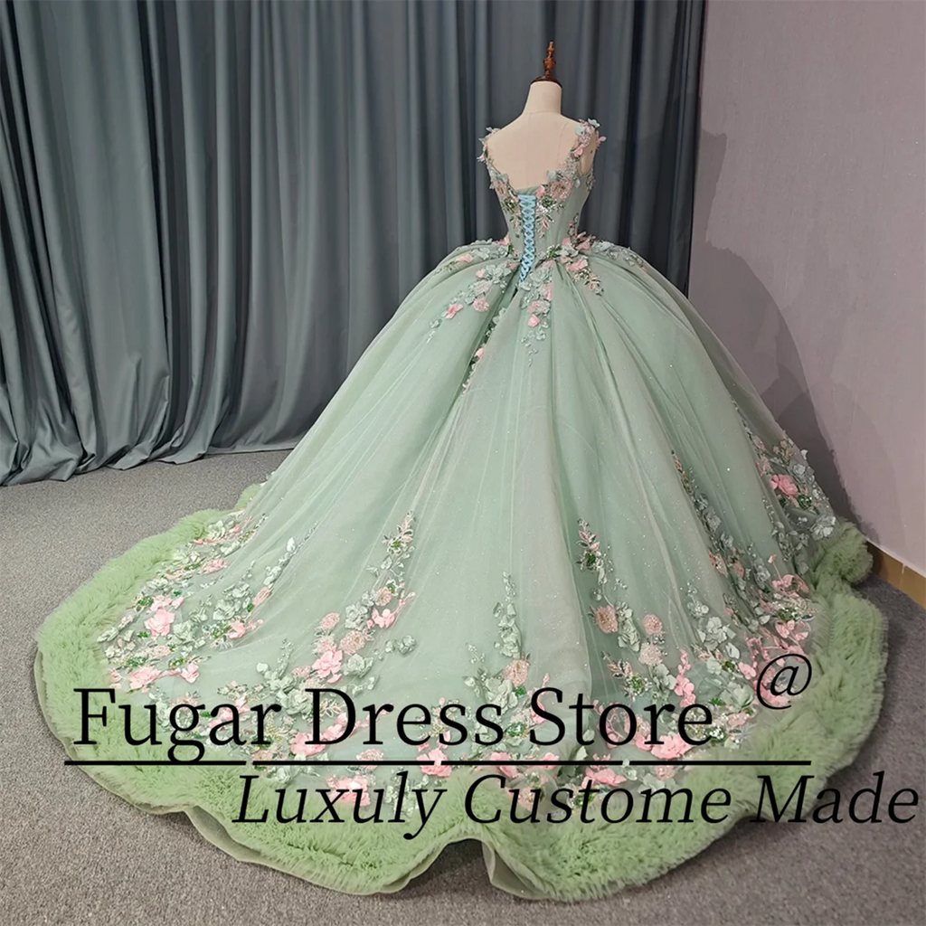 Customized Green Quinceanera Dresse 3D Flowers Sparkling Bead decorations Lace up the back Ball Gowns vestidos de 15 quinceañera