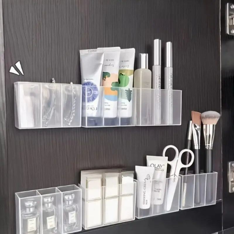 Transparent Wall-Mounted 3-Compartment Organizer - Self-Adhesive Storage Box for Makeup Brushes, Lipstick, Pens - With Shelves