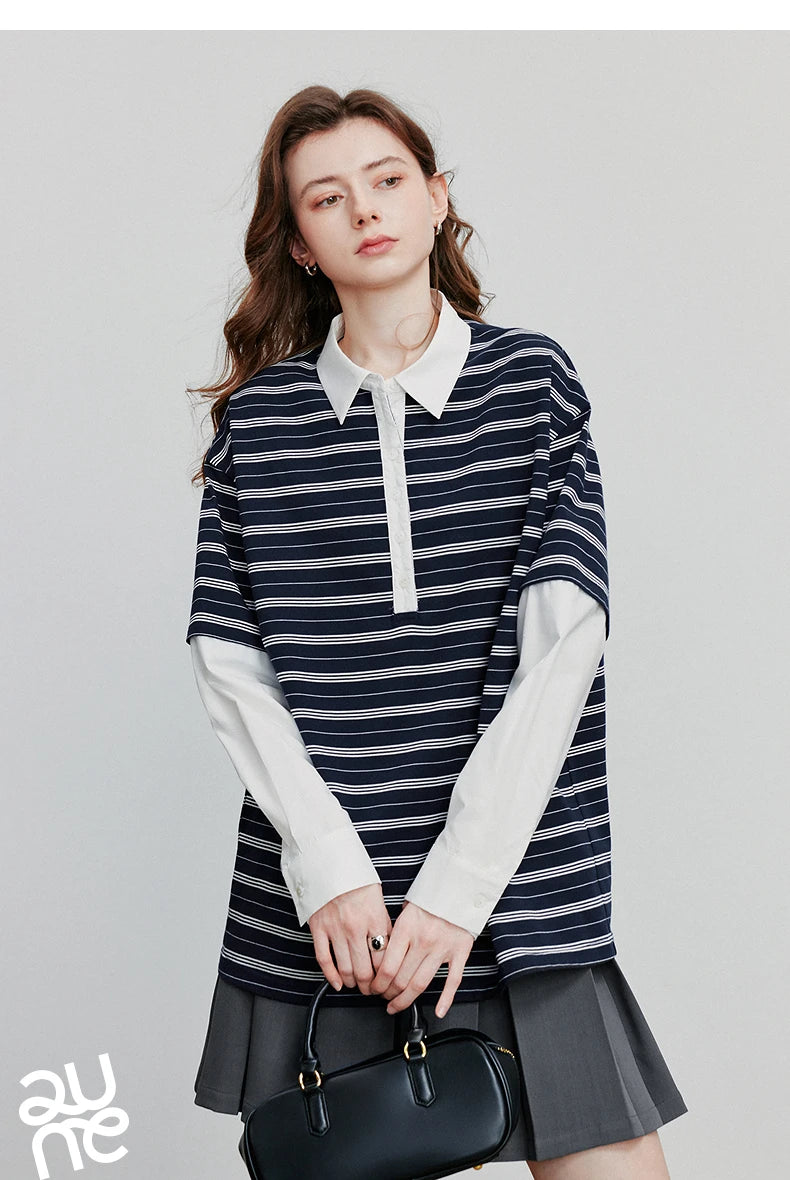 TOYOUTH Women Hoodies Sweatshirt 2025 Autumn New Spliced Fake Two Piece Polo Collar Striped Casual Pullover Tops