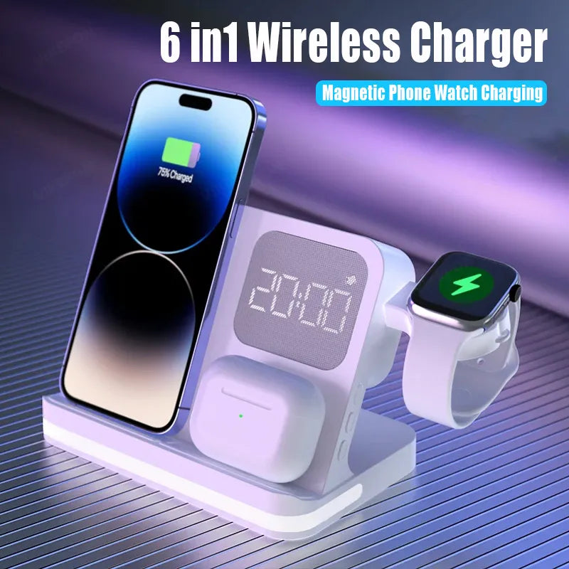 Phone Watch Wireless Charger with LED Light Clock Alarm For iPhone 16/15/14/13/12 Apple Watch 2-10 SE  Airpods Pro Fast Charging