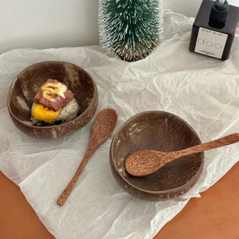 Kitchen Natural Coconut Bowl Set Wooden Salad Ramen Wood Spoon Coco Smoothie Tableware