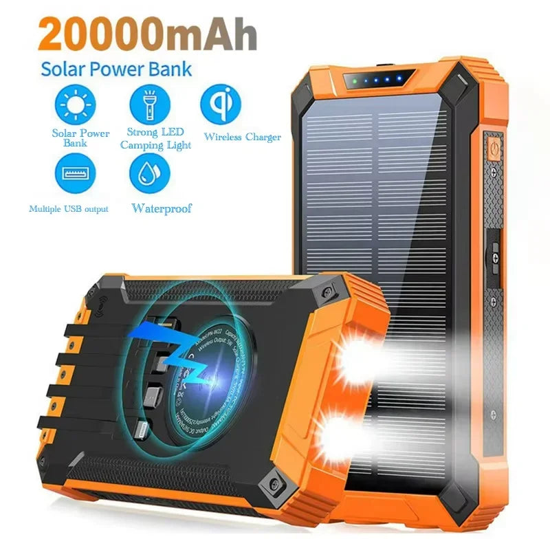 New Solar Power Bank 20000mAh Mobile Power Fast Charging Battery multifunctional With 4 Cables Wireless Charger LED Flashlight