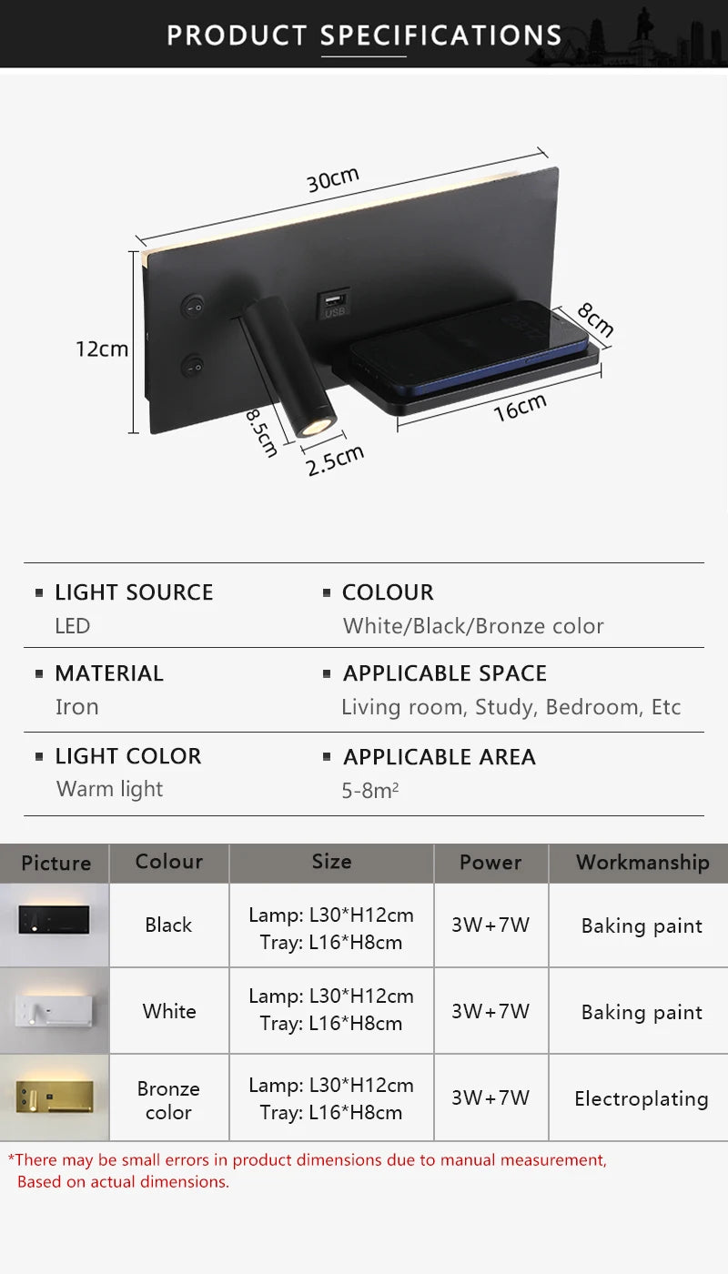 Multi Functional Wall lamp with Mobile phone Wireless charger switch USB interface Bedroom Night light LED Reading wall light