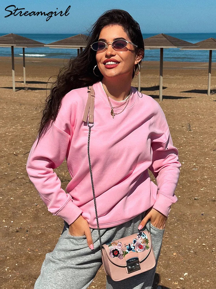 White Oversized Crewneck Sweatshirts Women Autumn Comfort Colors Pink Mom Sweatshirt Yellow Cotton Fall Sweatshirt For Women