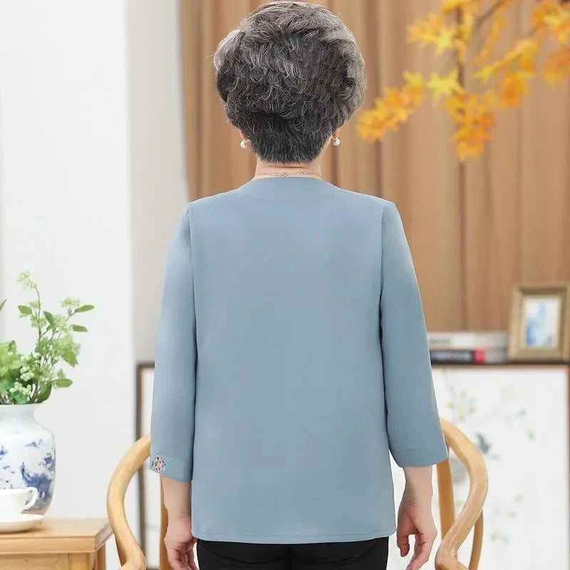 Elderly People Shirts New Spring Summer Three Quarter Sleeve Grandma Blouse Middle Age Women Cardigan Shirt Embroidery Blusa 5XL