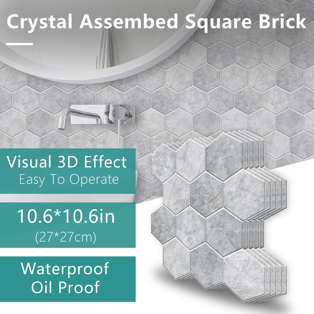 5 Styles Flat Hexagon Marble Embossing Tile Wall Stickers Oil-Proof Kitchen & Bathroom Washbasin Glossy Surface Decorative Mural