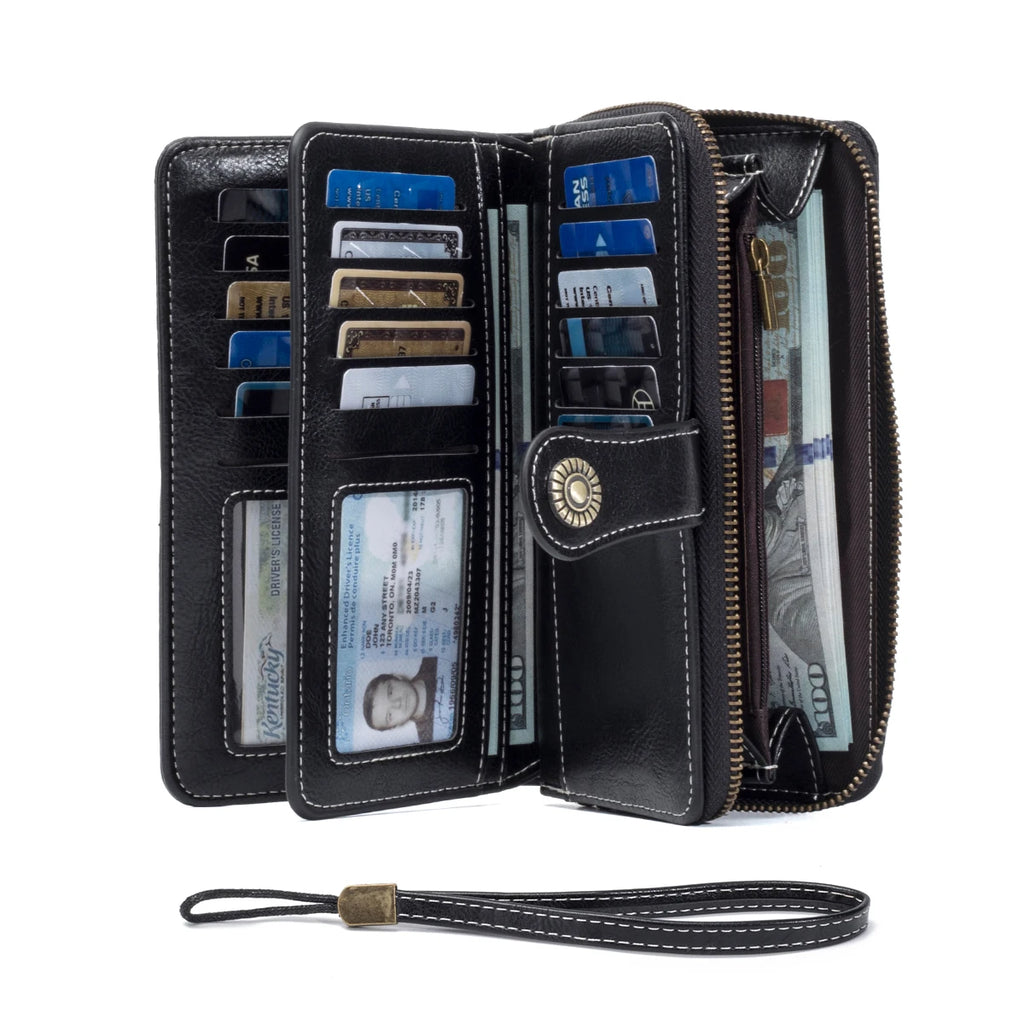 Rfid Anti-Theft Wallet for Men and Women, European and American Retro Leather Long Wallet Clutch, Oil-Waxed Leather Hollow-Out Multi-Card Slot Wallet, Large Capacity Zipper 70% off Clutch Bag, Card Holder Coin Purse Wallet Ha
