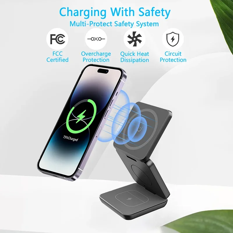 3 in 1 Foldable Magnetic Wireless Charger Stand Macsafe for iPhone 15 14 13 12 Apple Watch 8 7 6 Airpods Fast Charging Station