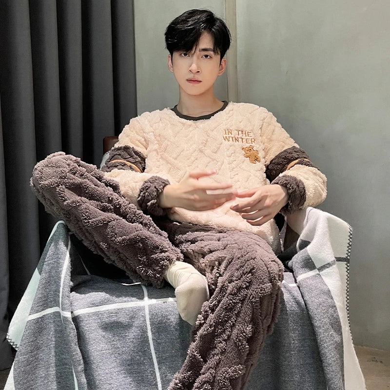 Men's Winter Jacquard Weave Flannel Pajamas Set Coral Fleece Cartoon Sleepwear Homewear Thick Warm Male Suit Fall Sweatshirt 5XL
