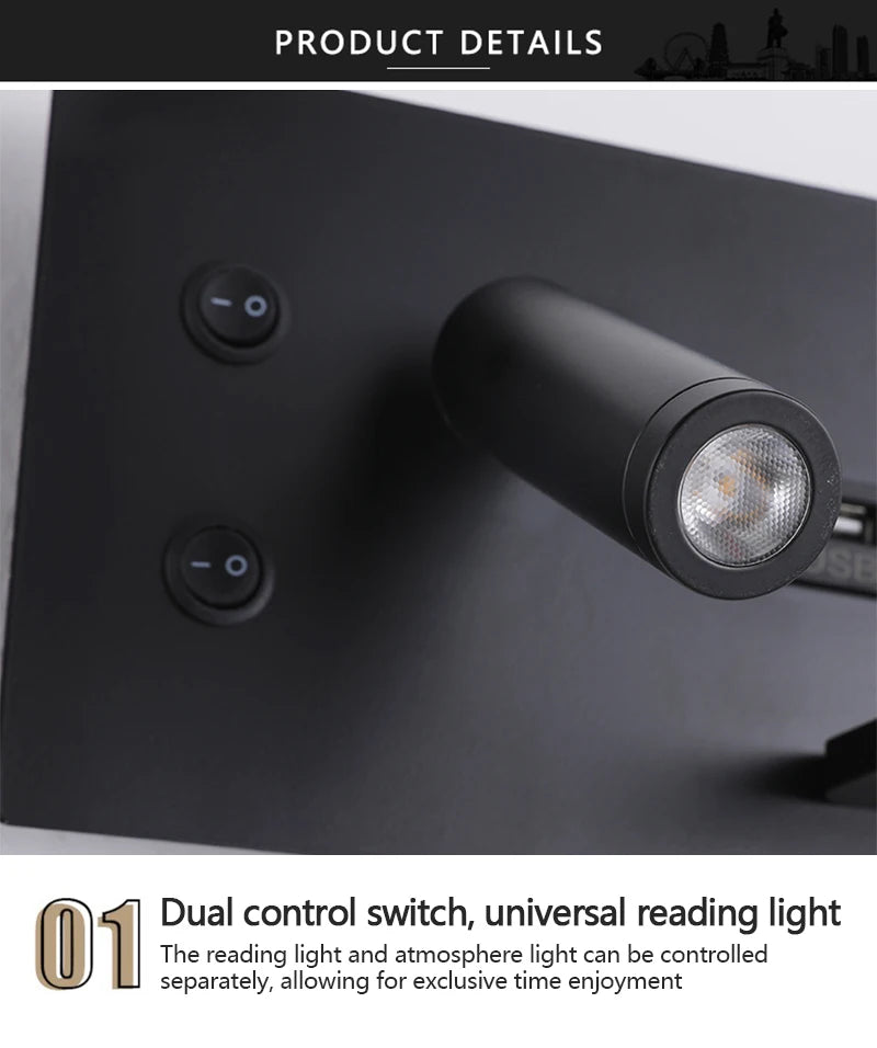 Multi Functional Wall lamp with Mobile phone Wireless charger switch USB interface Bedroom Night light LED Reading wall light