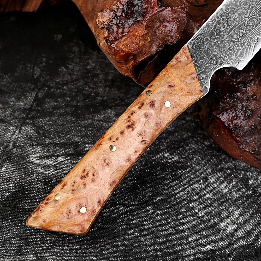 Damascus Steel Handmade Curved Edge Japanese Utility Knife,Full Tang Pakkawood Handle,High Hardness Sharp Kitchen Peeling Knife