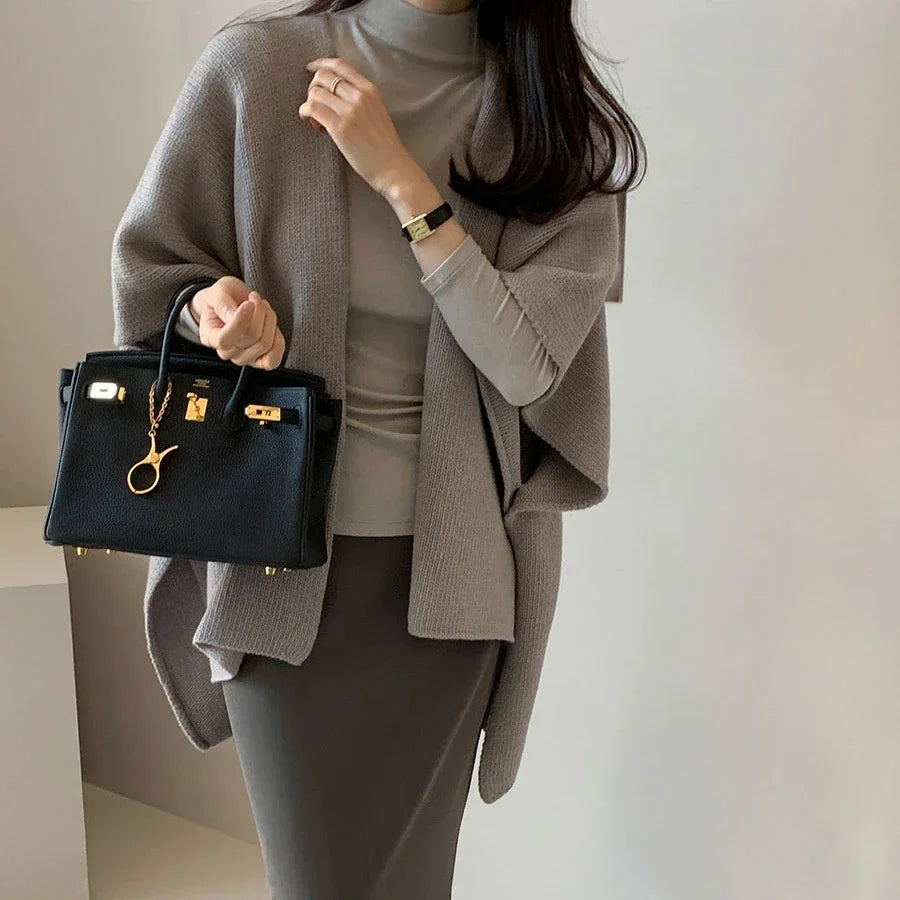 Fashion Elegant Knitted Shawl Jacket Korean Style Women's Casual Loose Warm Cloak Top Solid Color Knitted Cardigan Sweater Coats