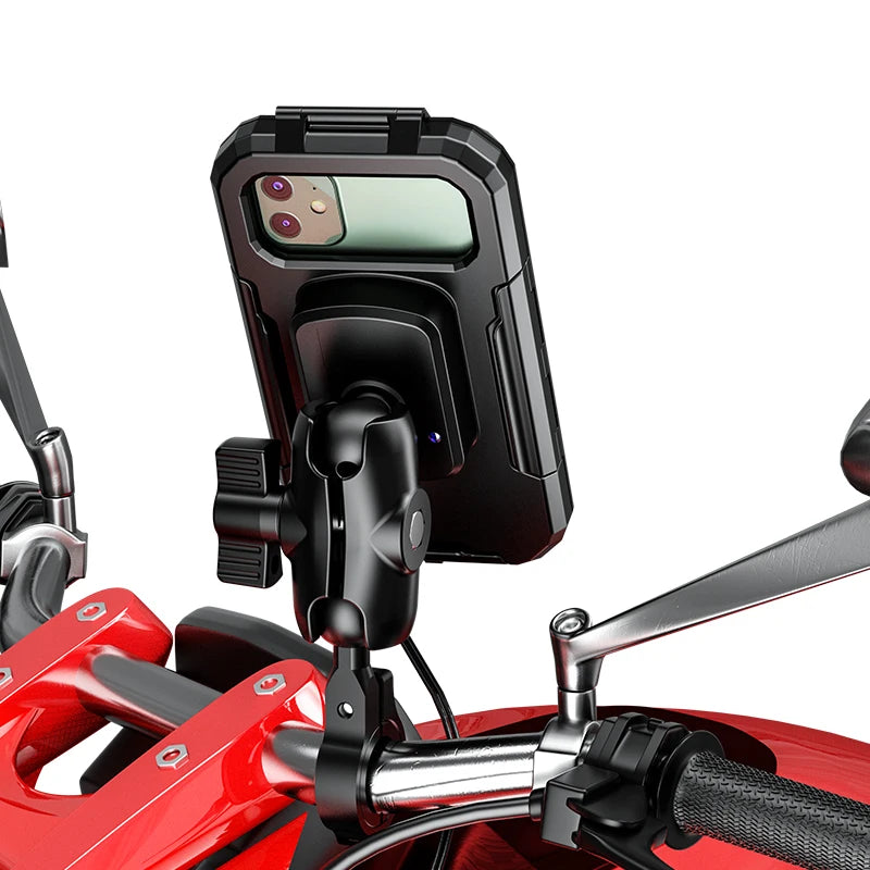 2022 Waterproof Case 12V Motorcycle Phone Holder Wireless Charger 15W Qi/ Type C PD USB Fast Charge Mount Box Double Socket Arms