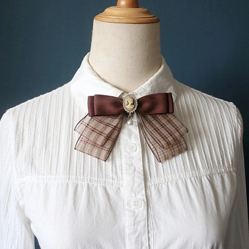 Ribbon Bowtie Brooch Pin Student Uniform Pre Tied Necktie Clip Vintage Brown Plaids Bowknot Corsage Shirt Jabot Collar