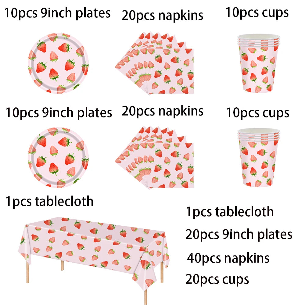 Strawberry Sets Birthday Decoration Party Disposable Paper Napkins Cups Plates Tablecloths Party Supplies