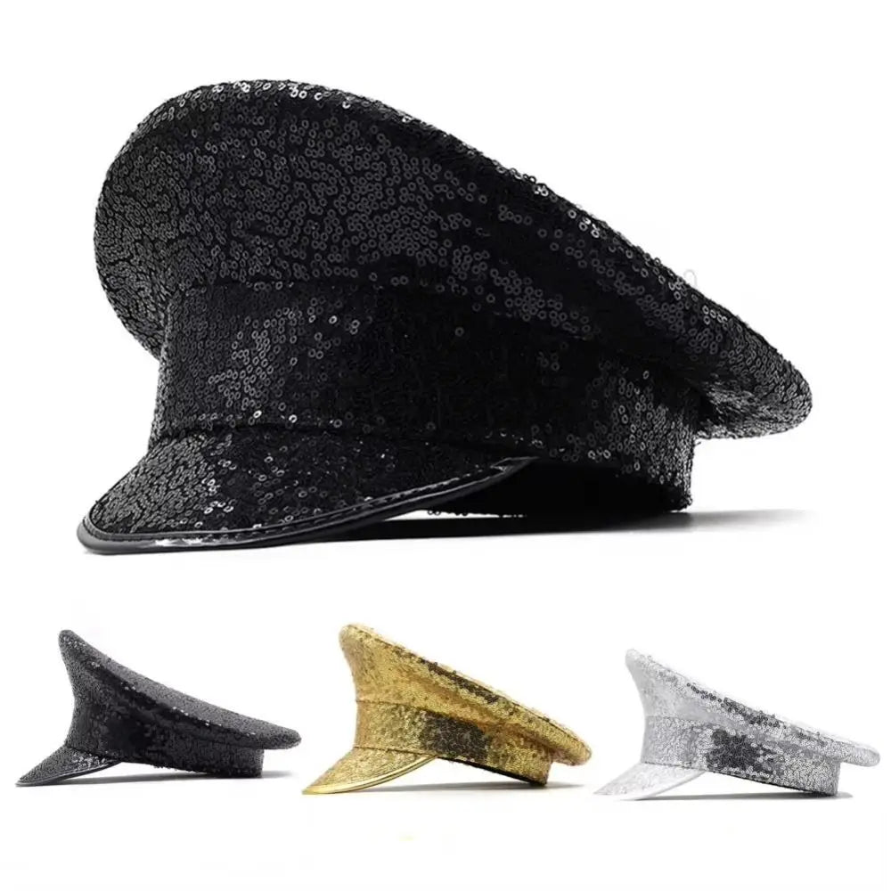 Dance Props PU Leather Sequin Flat Top Hat Shiny Y2K Hats