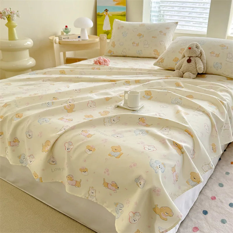 1pc Washed Cotton Flat Bed Sheets Single/Queen/King Size Bed Cover for Double Bed Flower Printed Soft Bed Sheets Top Sheets Set