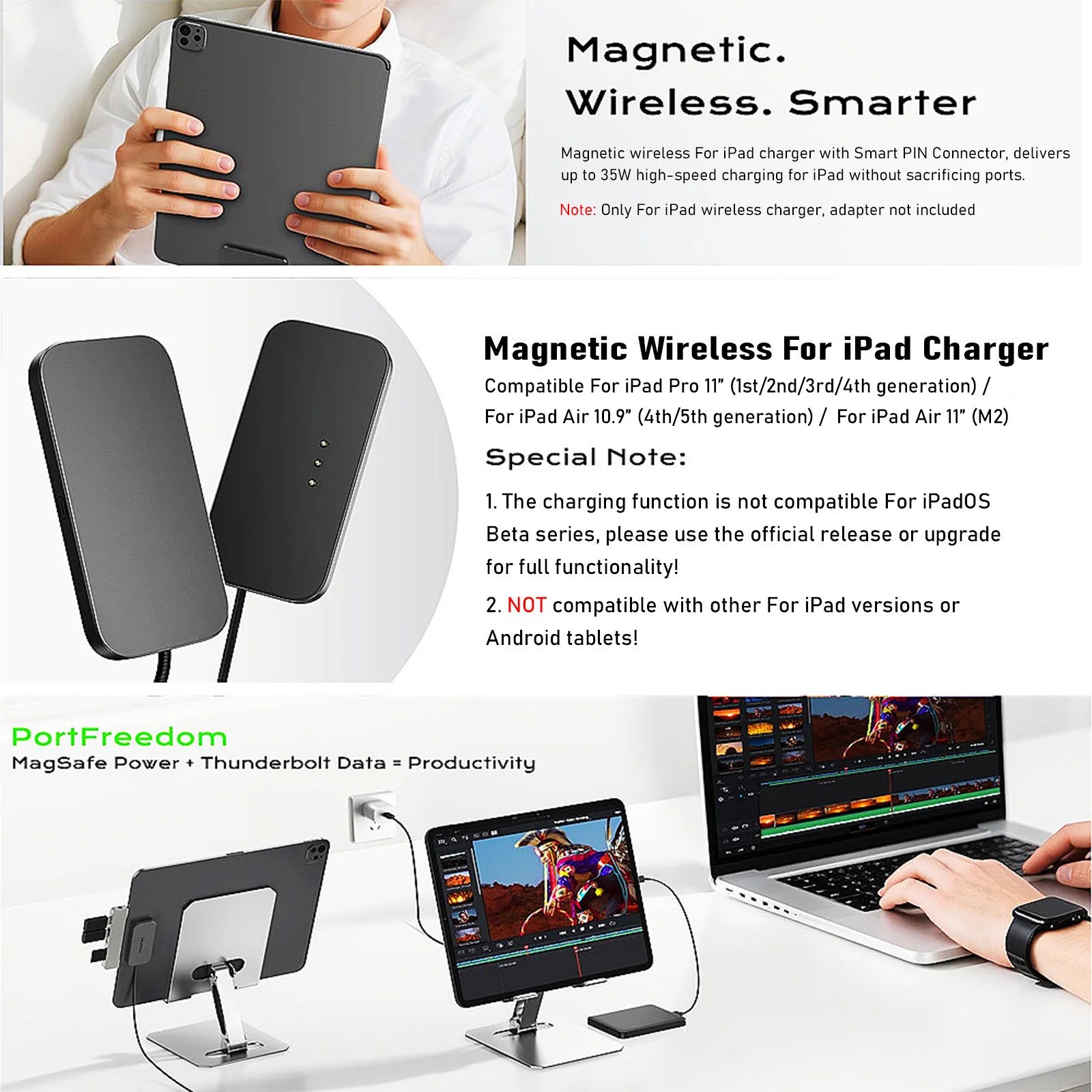 For iPad Pro Magnetic Wireless Charger Aluminum Alloy Fast Charging Smart Chargers With 2m Cord For iPad Pro 13"/11"/12.9"/10.9"