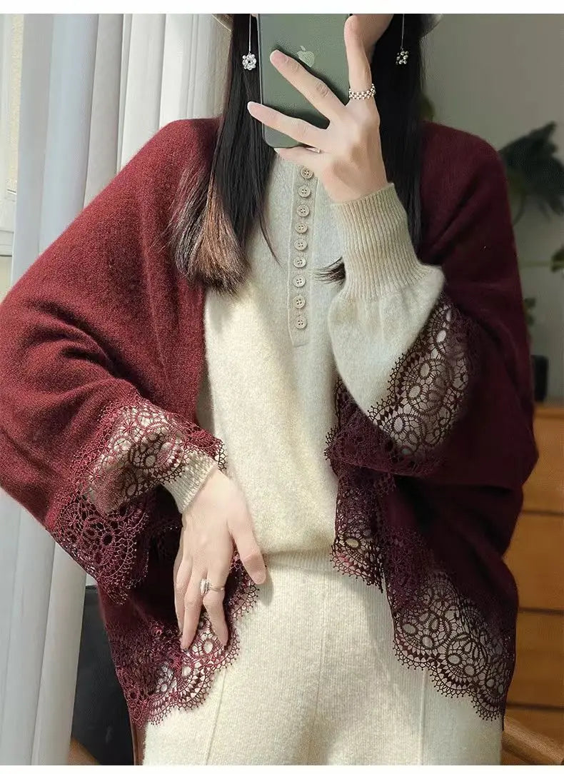 Popular Lace Edge 100% Wool Knitted Shawl Spring Autumn Thin Women's Soft, Skin friendly, Breathable, and Fashionable Cardigan
