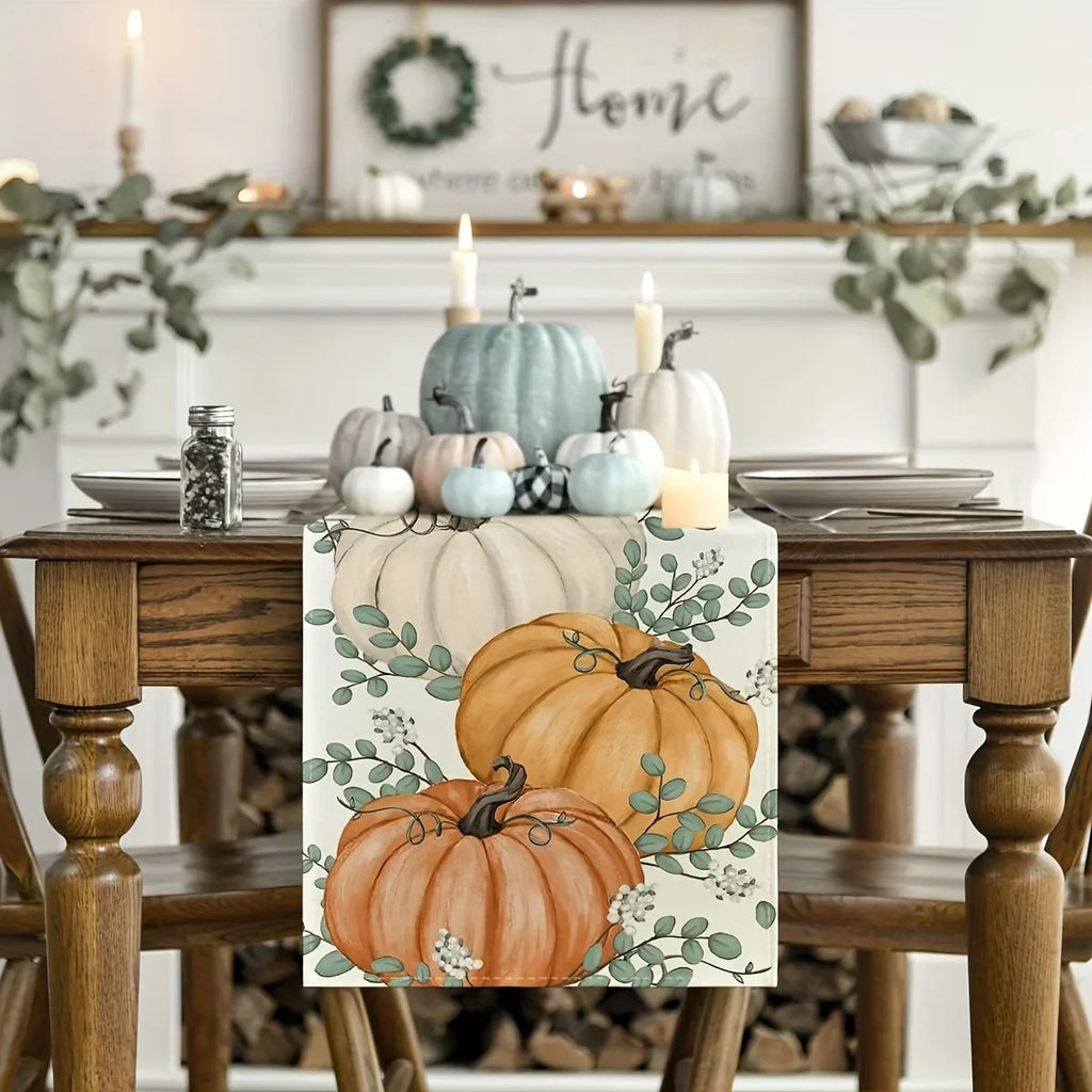 Orange Pumpkins Eucalyptus Leaves Fall Table Runner, Autumn Thanksgiving Christmas Halloween Kitchen Dining Table Decoration