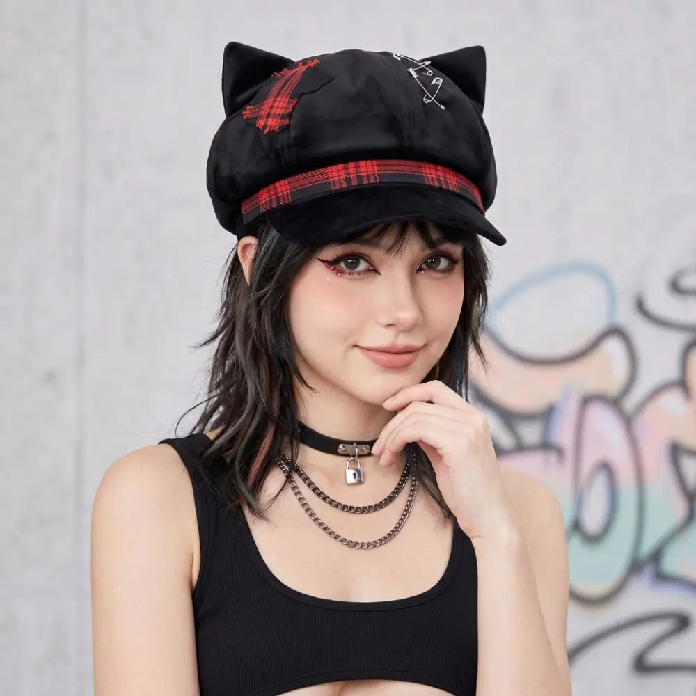 Cute Thin Brim Cat Ears Beret Hat Y2K Spice Girl Painter - Green