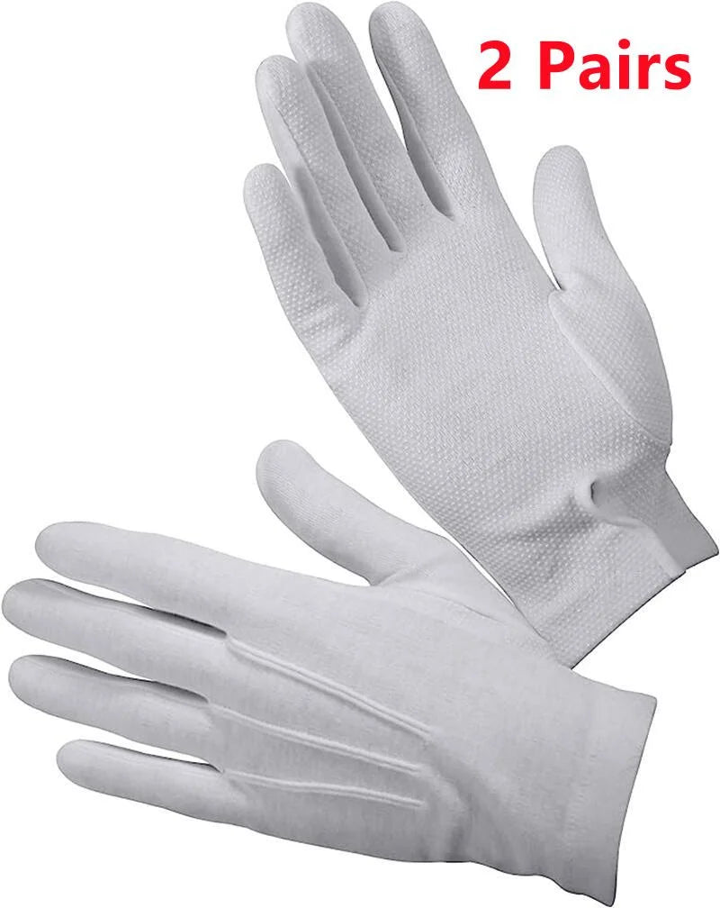 2 Pairs Cotton White Gloves Anti Slip Grip Dotted Men Parade Gloves Black Formal Cosplay Party Costume Driving Gloves Supplies