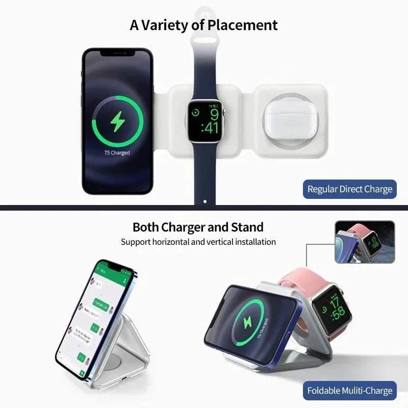 30W Fast Charging Pad Desktop Foldable 3 in 1 Wireless Charger For iPhone 16 15 14 13 12 Pro Max iWatch 10 9 8 7 6 AirPods Pro 2