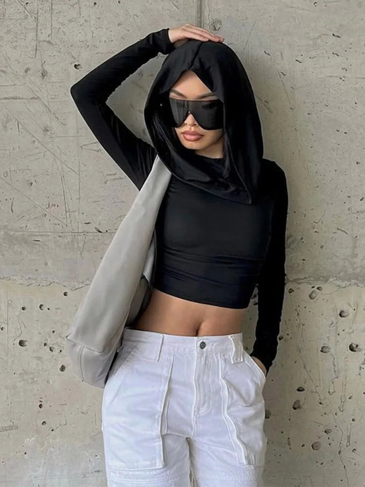 Women's Hooded Crop Tops Autumn Solid Color Long Sleeve