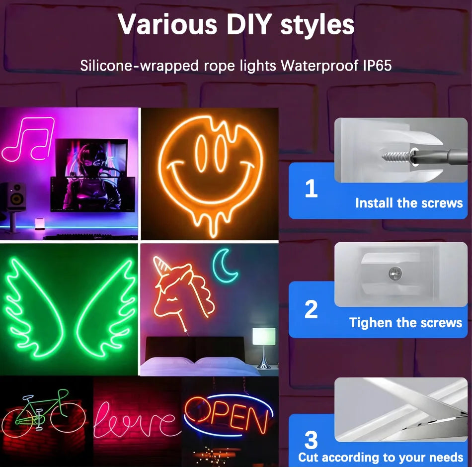 RGB LED Neon Rope Lights APP Control Music Sync IP65 Waterproof Flexible Multi Modes Remote for Indoor Outdoor Bedroom Living Room Gaming Room Party Decoration